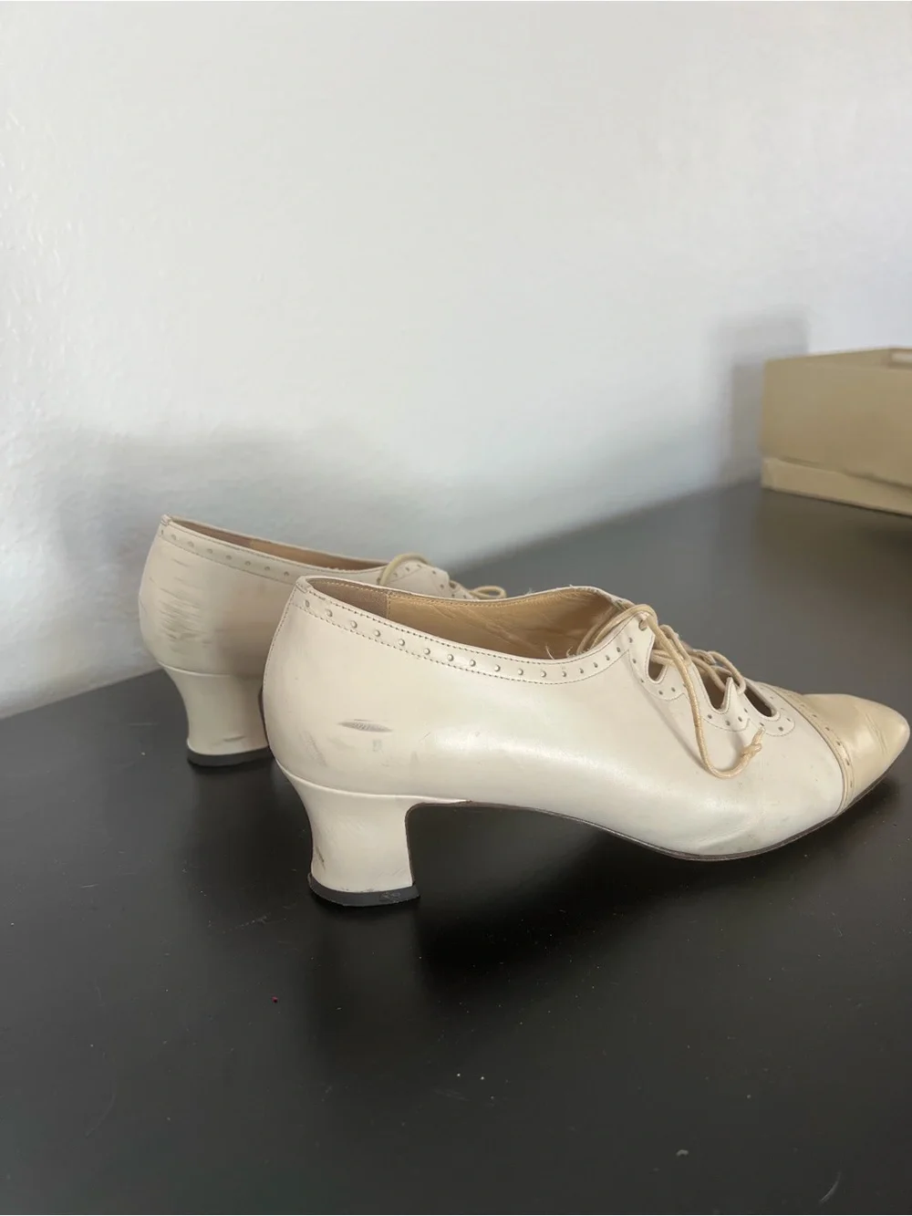 Ann Taylor Cream Lace-Up Pointed Toe Heels
